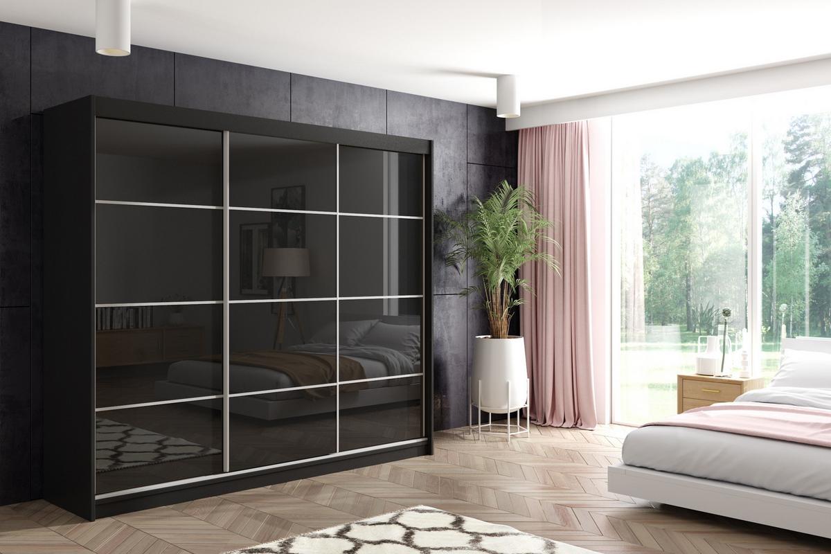 KLEIDERSCHRANK mit Lacobel-Schiebetüren und Aluminium-Leisten - VIVONA - 240 cm Schwarz - Schwarz, Holzwerkstoff (200/216/61cm) - ALTDECOR