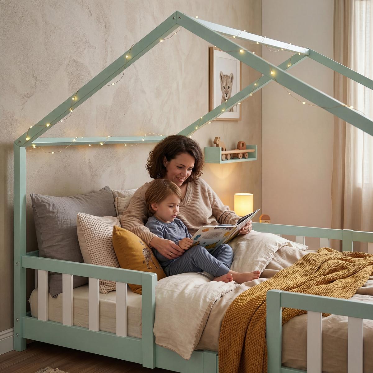 HAUSBETT Treviolo - Weiß/Mintgrün, Holz (120/200cm) - [en.casa]