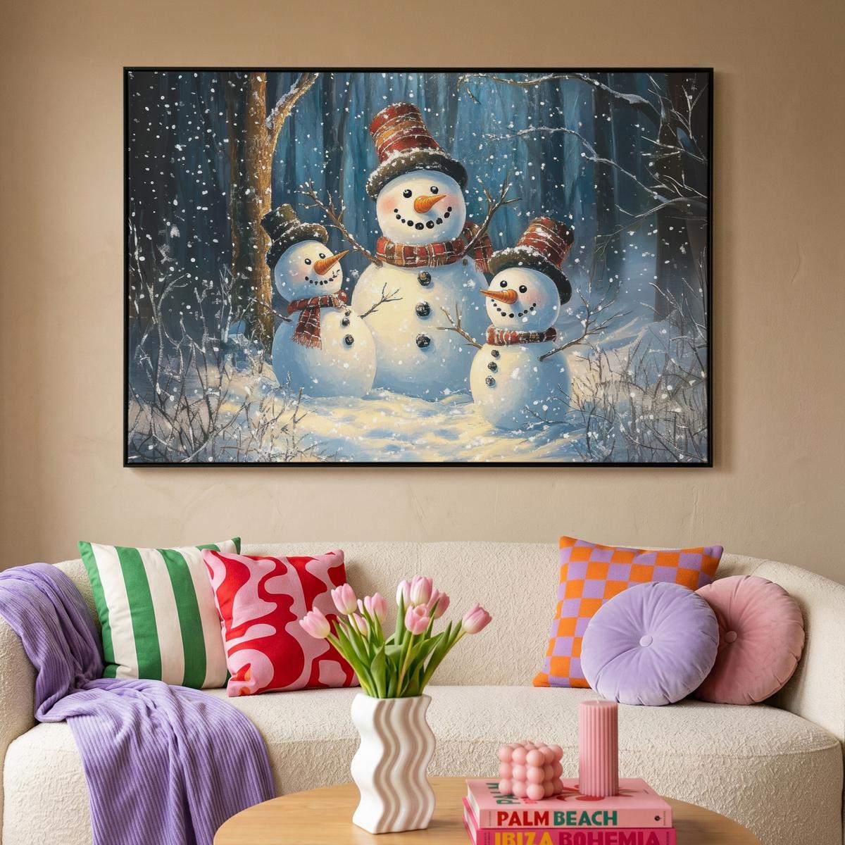 LEINWAND Bilder mit Rahmen - Schneemann - Schnee - Winter - Wald - 150x100 - Hellblau, Textil (150/100cm) - MuchoWow