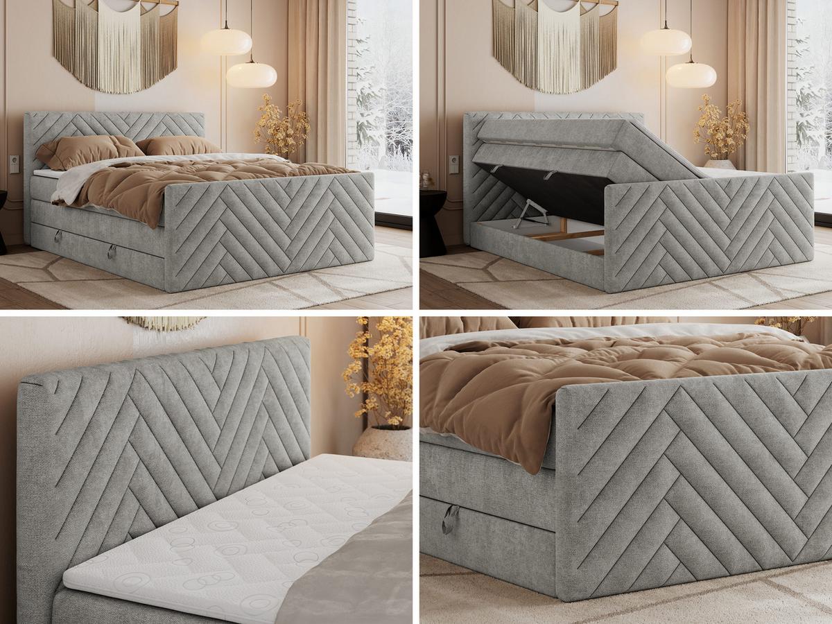 BOXSPRINGBETT PARIS KING DUO - 200/200 - Hellgrau Struktur - H4 - Hellgrau, Holz/Textil (200/200cm) - MKS