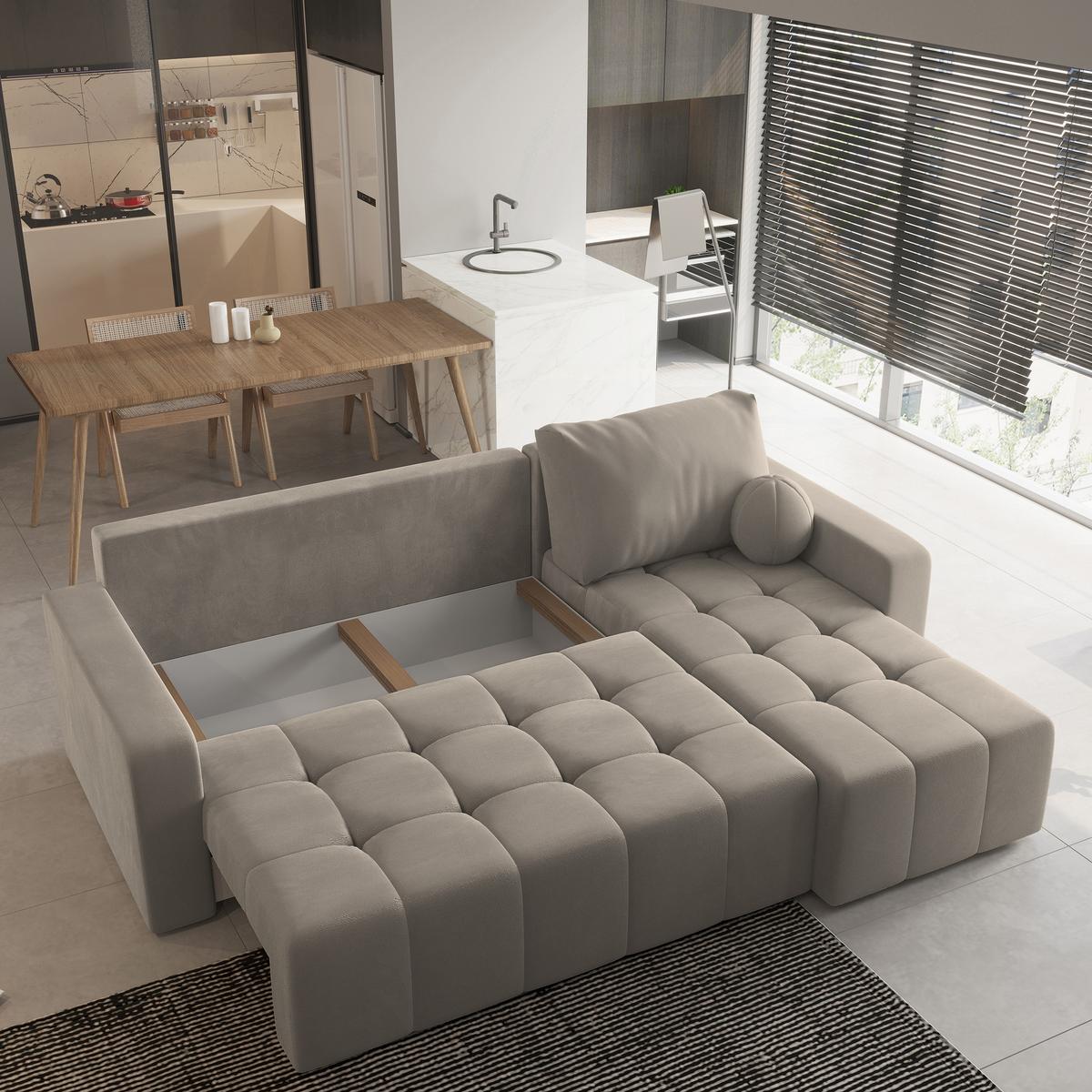 ECKSOFA VOLIRA Beige Plüsch-Stoff mit Schlaffunktion - Beige, Holz (230/143cm) - MASSENO