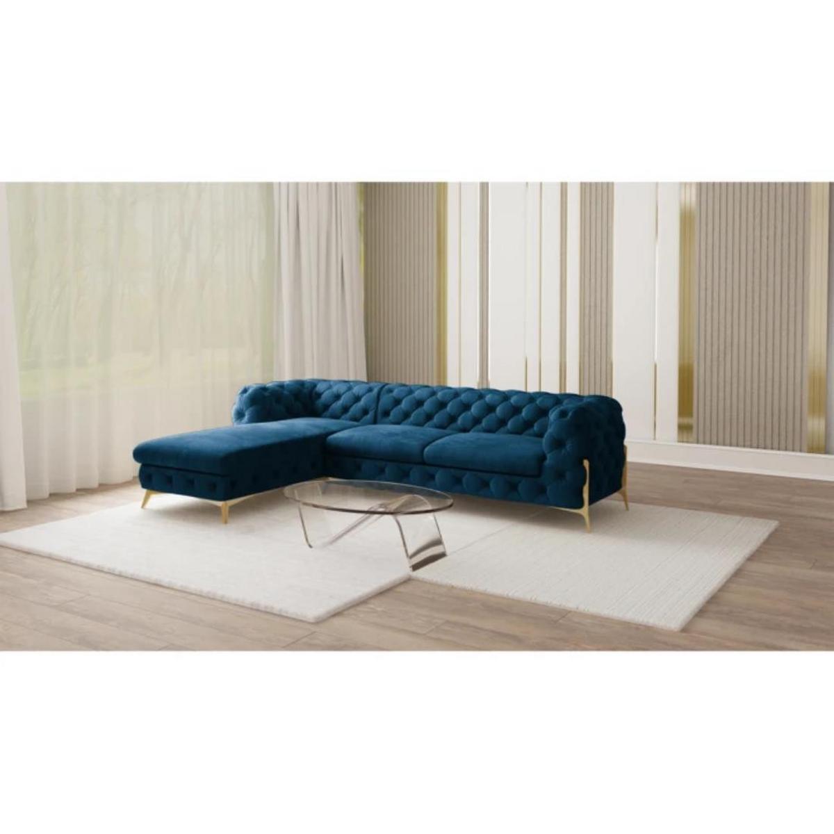ECKSOFA Chesterfield Lexi Marineblau Samt, Ottomane links - Goldfarben/Dunkelblau, Holz/Textil (305/200cm) - S-Style