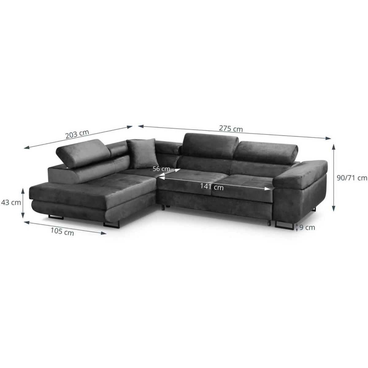ECKSCHLAFSOFA Waldo verstellbaren Kopfstützen, Schwarz, rechts - Schwarz, Textil (275/203cm) - Beautysofa