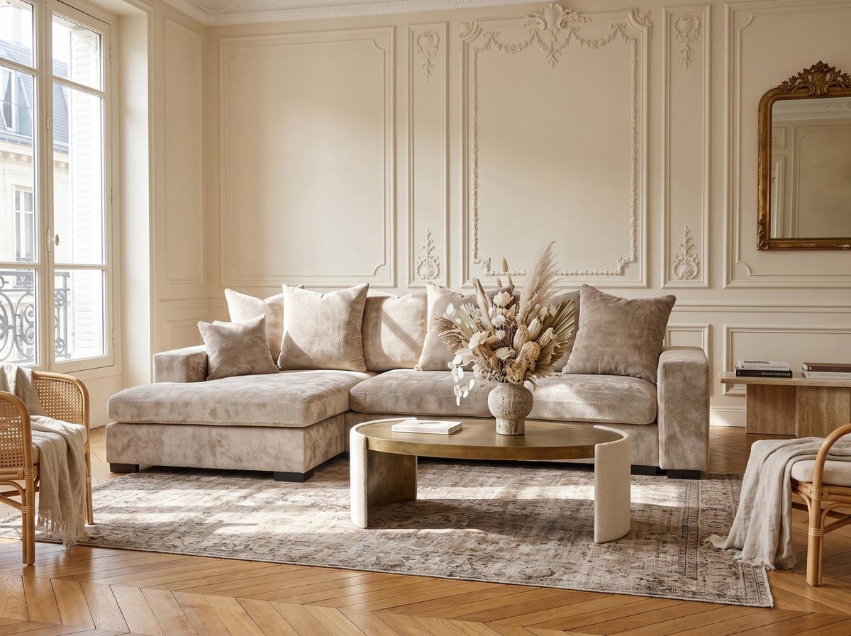 ECKSOFA Dahlia mit Schlaffunktion und Bettkasten in L-Form Links - Beige Chenille 285/92/155 cm - Beige/Schwarz, Kunststoff/Textil (285/155cm) - WFL GROUP