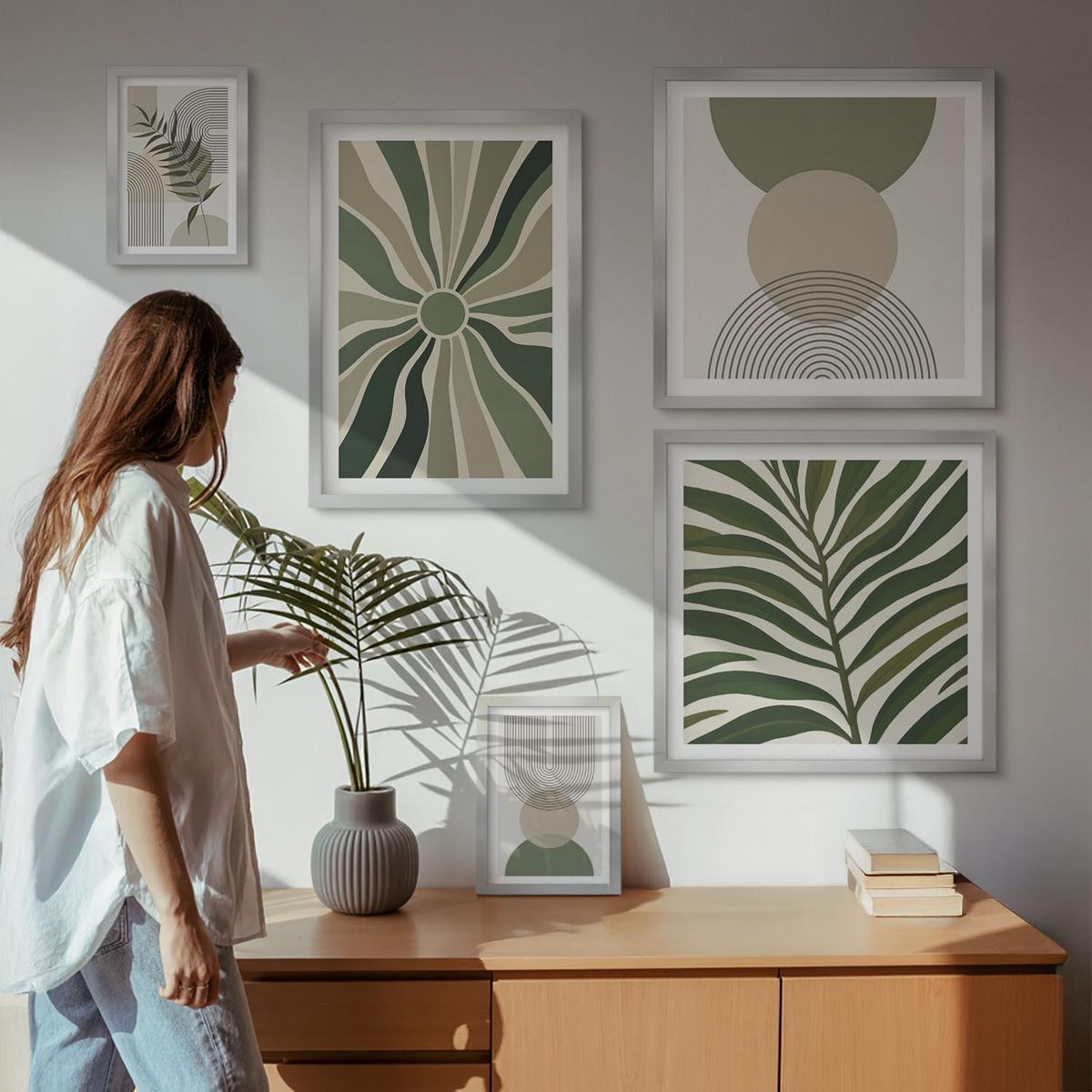 BILDER SET 5er Set - 50x50 cm & 20x30 cm & 40x60 cm Silberner Rahmen - Abstrakte Blätter im Boho-Stil - Silberfarben, Kunststoff (40/60cm) - TULUP
