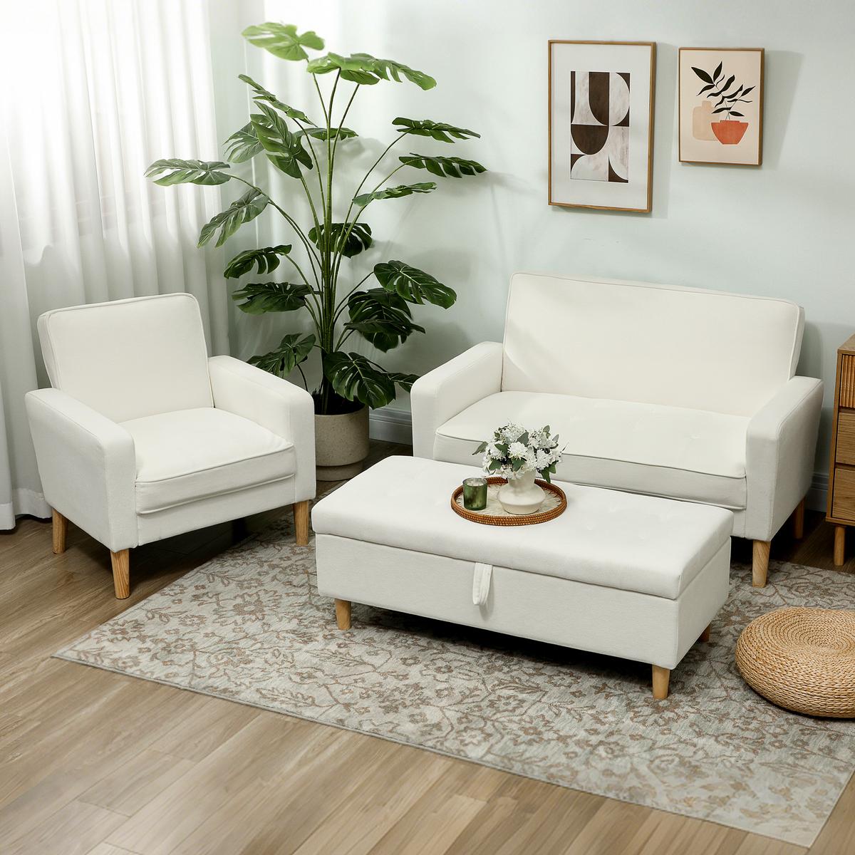 SOFA Polyester Gummiholz Cremeweiß - Creme/Naturfarben, Holz/Textil (74.5/82/130cm) - HOMCOM