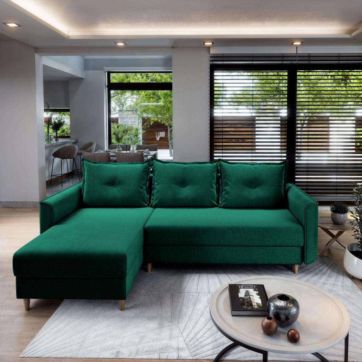 ECKSOFA PISAN R-S Grün Plüsch-Stoff mit Schlaffunktion - Braun/Grün, Holz/Textil (220/140cm) - MASSENO