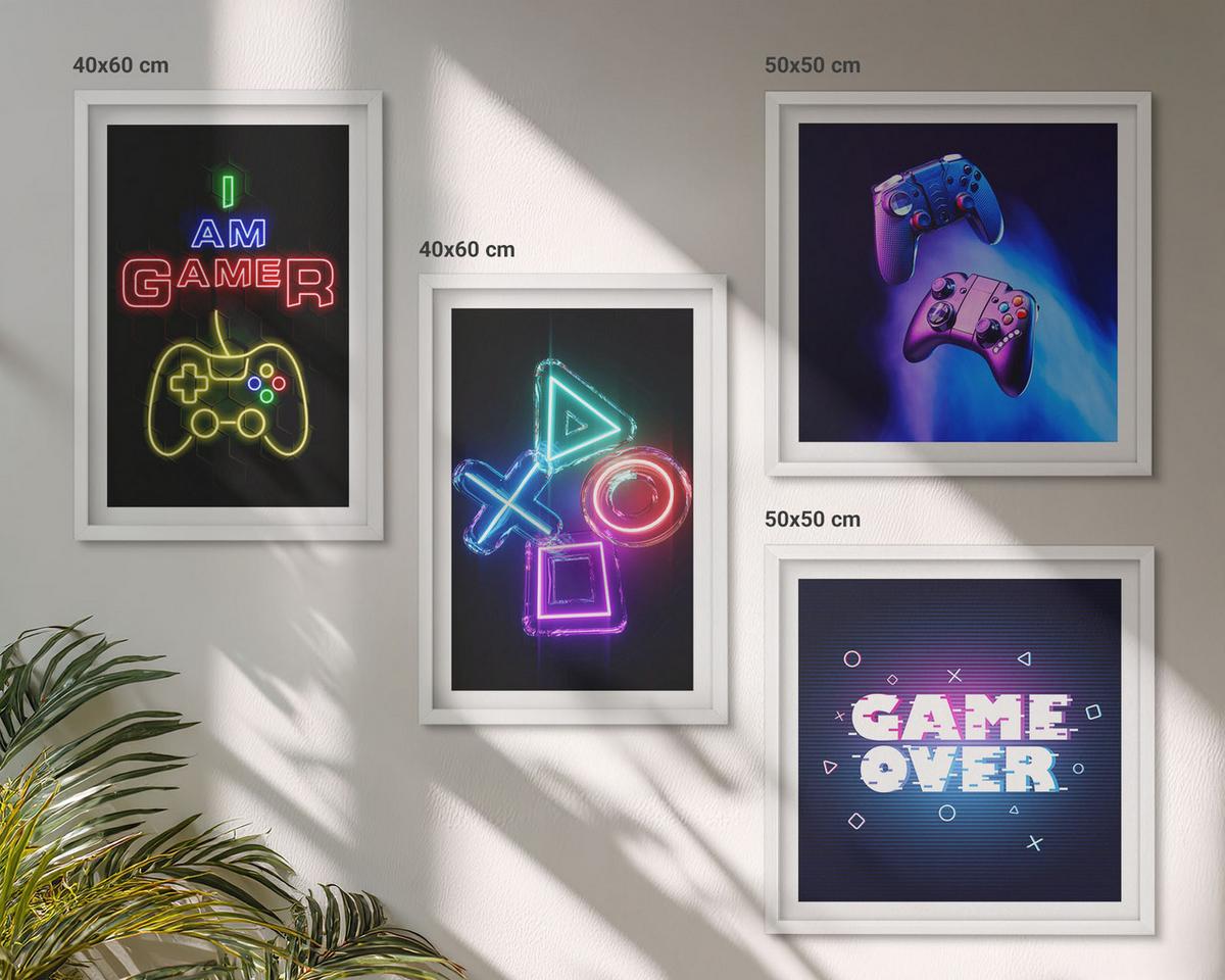 BILDER SET 4er Set - 50x50 cm & 40x60 cm Weißer Rahmen - Gamepads, Spielersymbol-Untertitel - Weiß, Kunststoff (50/50cm) - TULUP