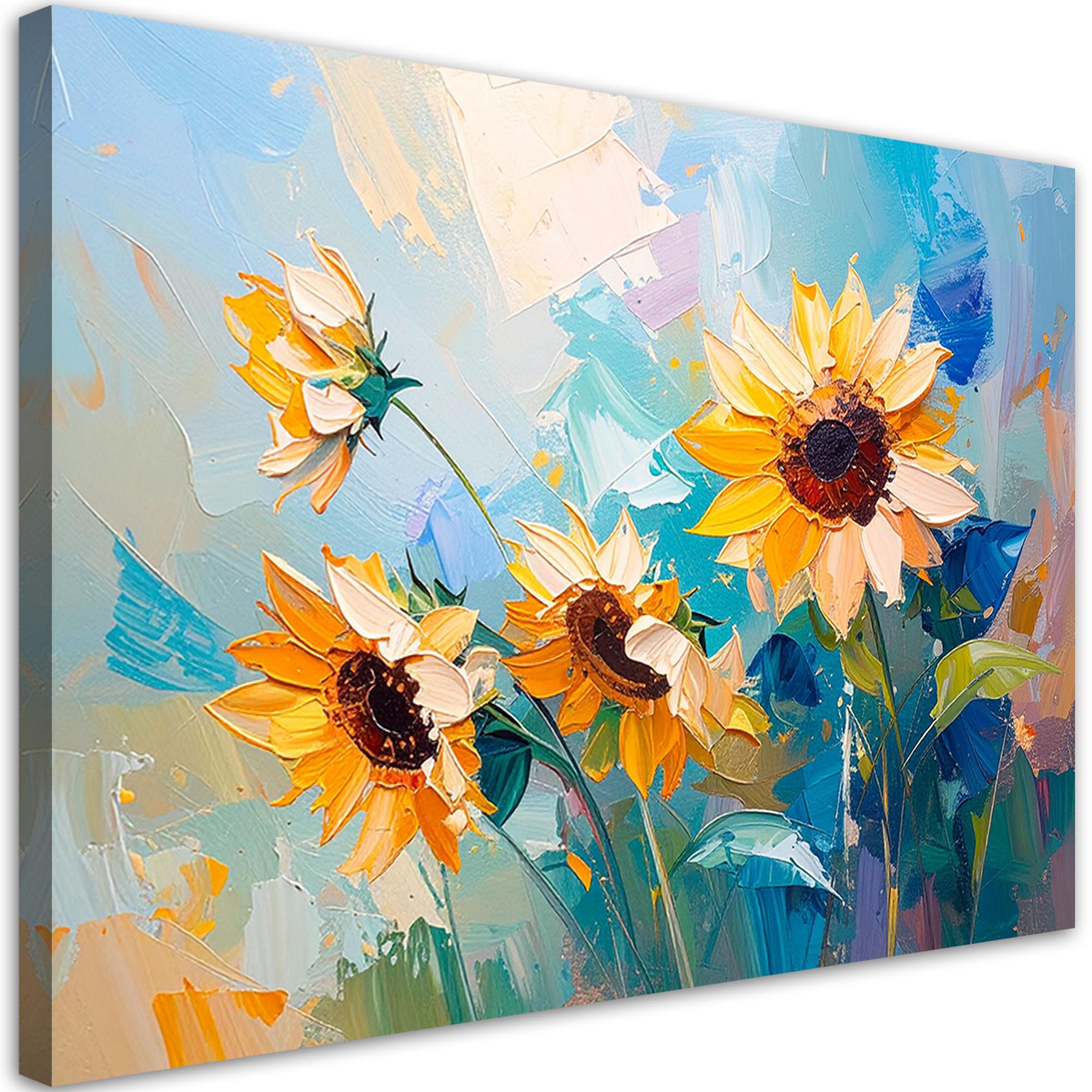 LEINWANDBILD Sonnenblumen Blumen Ölfarbe-Imitation 120x80cm - Blau, Textil (120/80cm) - Feeby