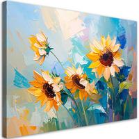 LEINWANDBILD Sonnenblumen Blumen Ölfarbe-Imitation 120x80cm - Blau, Textil (120/80cm) - Feeby