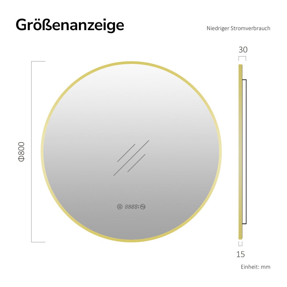 BADSPIEGEL mit LED-Beleuchtung, Anti-Beschlag-Funktion und Uhrzeitanzeige, Goldfarben, Ø 80 cm - Goldfarben, Glas (80/80/3.3cm) - EMKE