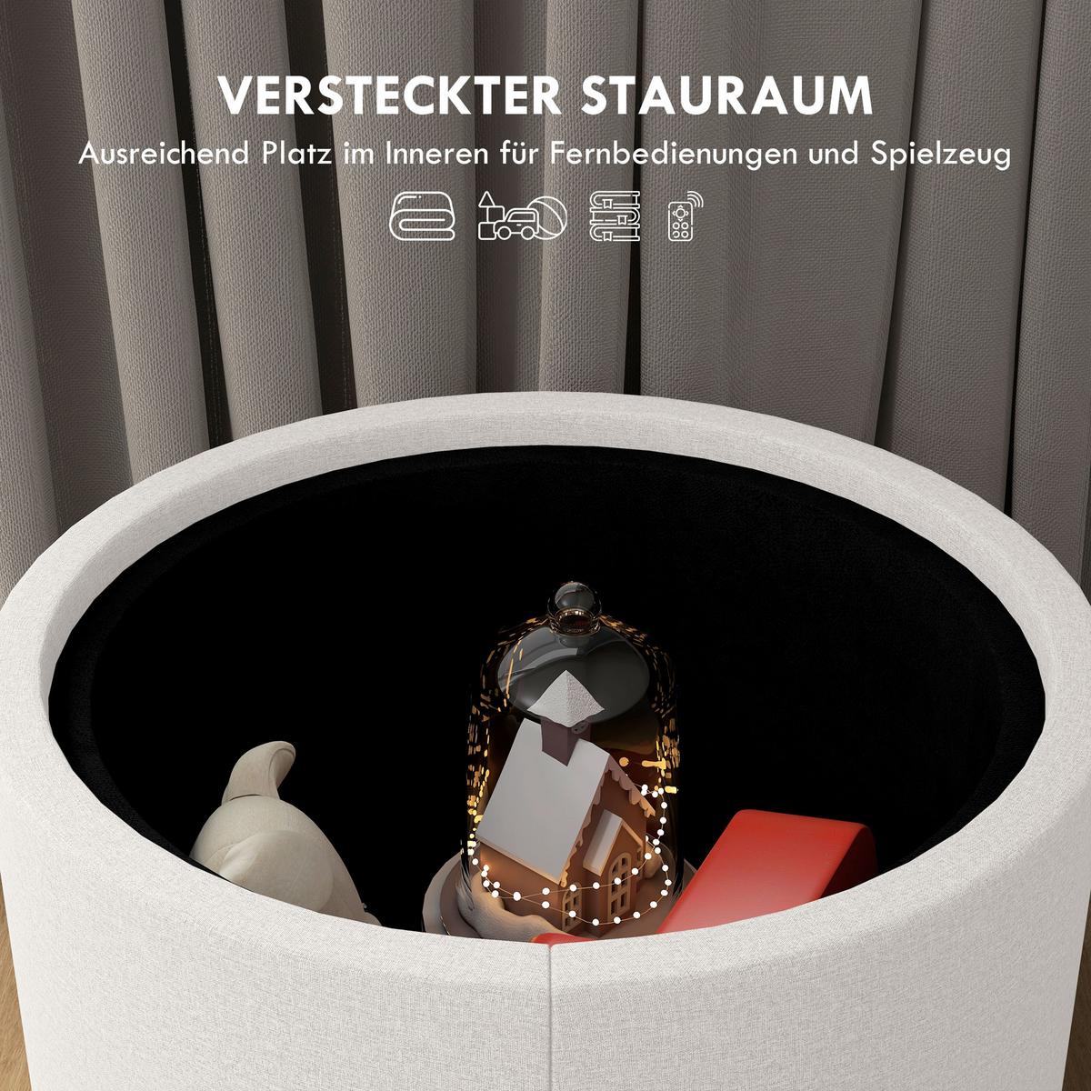 SITZHOCKER Rund mit Polsterung und Stauraum, Klappdeckel, Creme - Creme, Textil (56/42/56cm) - HOMCOM