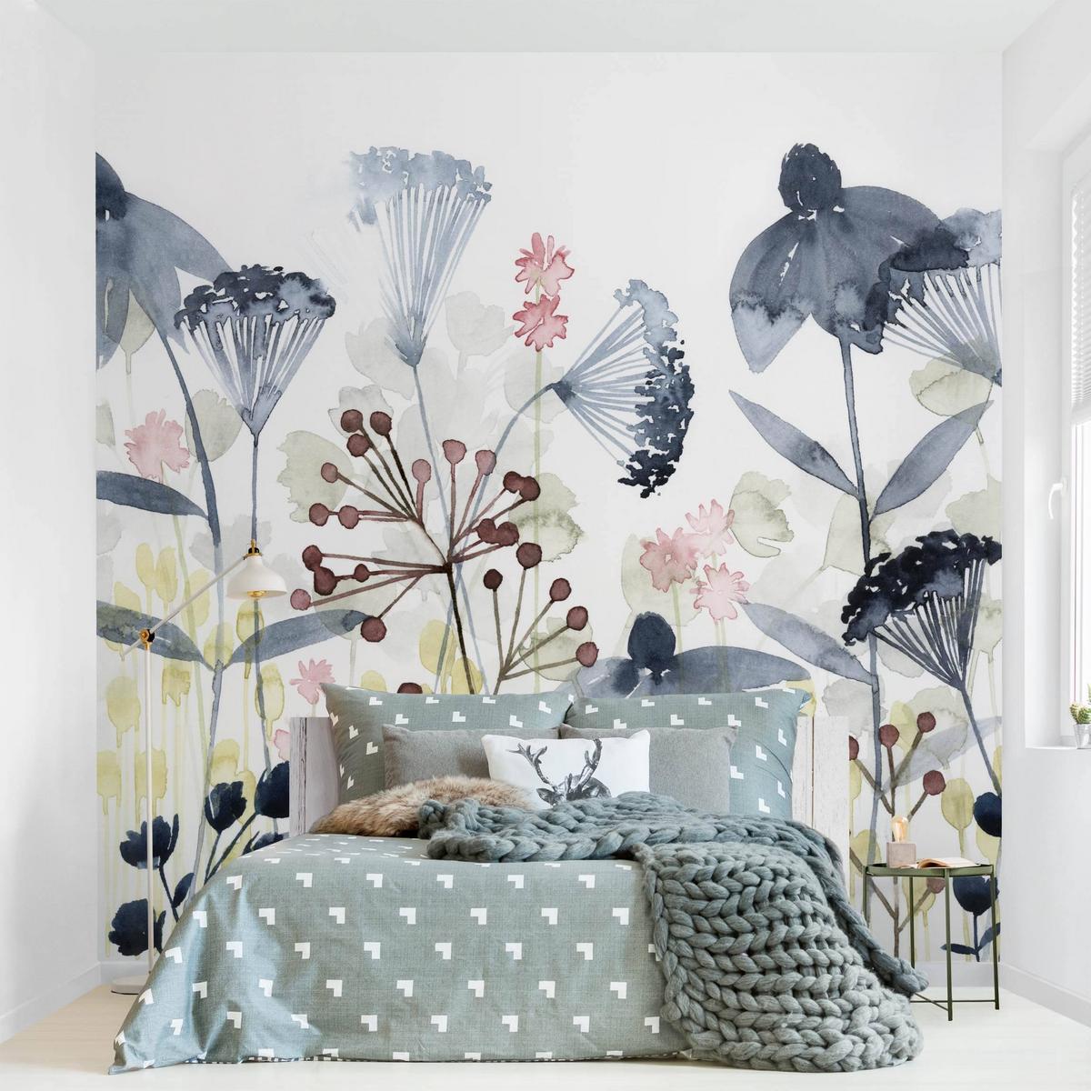 FOTOTAPETE Wildblumen Aquarell I 192/192 cm - Weiß, Papier (192/192cm) - Bilderwelten