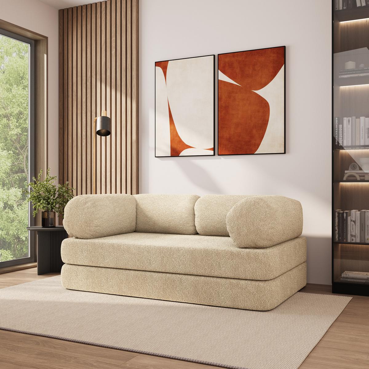 BETTSOFA EIREN aus Schaumstoff Bucle-Stoff Creme Schlaffunktion - Creme, Textil (170/68/80cm) - MASSENO