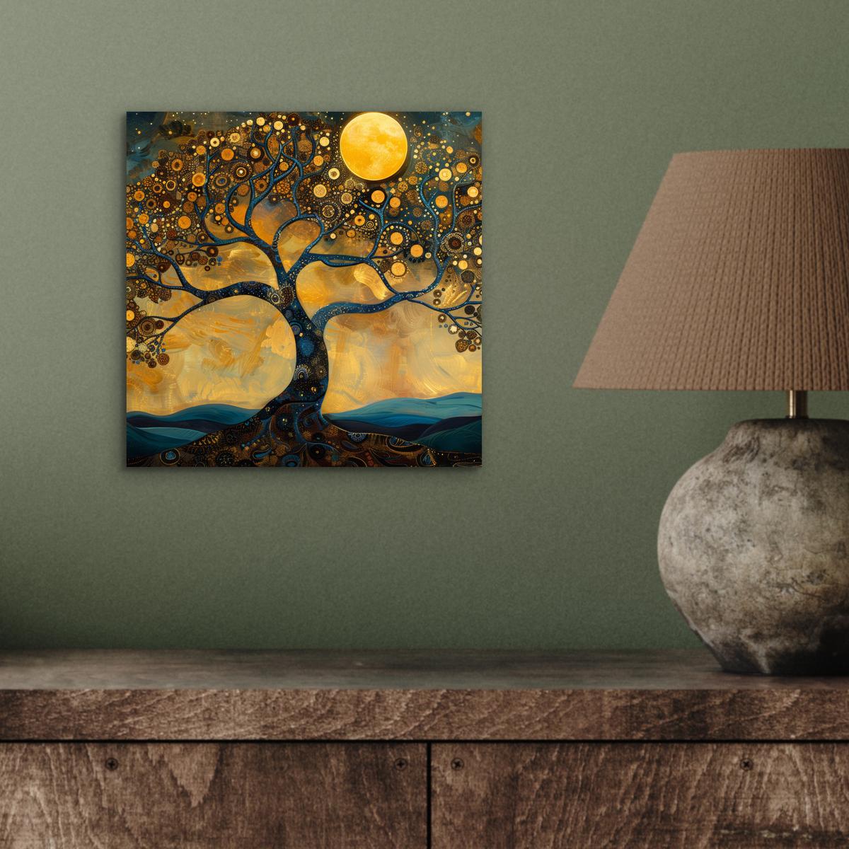 METALLBILD Baum - Mond - Blumen - Gold - Kunst 20x20 cm - Orange, Metall (20/20cm) - MuchoWow