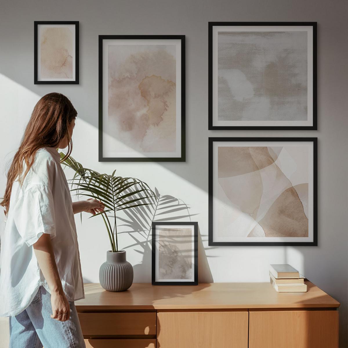 BILDER SET 5er Set - 50x50 cm & 20x30 cm & 40x60 cm Schwarzer Rahmen - Warme Aquarell-Pastelltexturen - Schwarz, Kunststoff (40/60cm) - TULUP