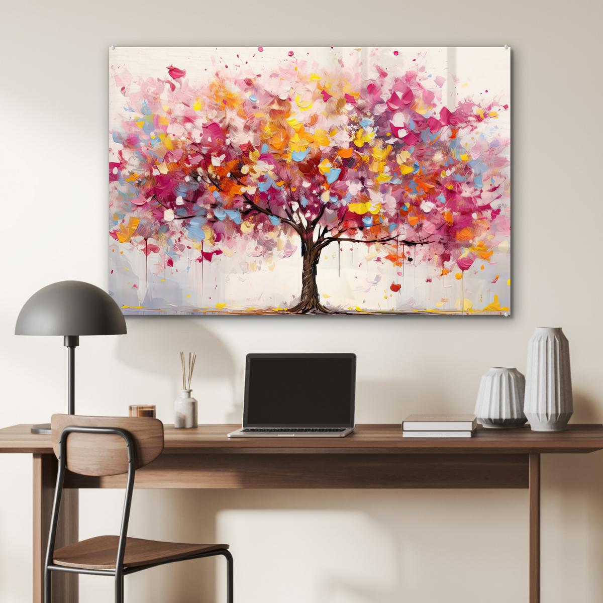 ACRYLGLASBILD Aquarell - Baum - Kunst - Abstrakt Wandbild Schlafzimmer 120x80 cm - Multicolor, Glas (120/80cm) - MuchoWow