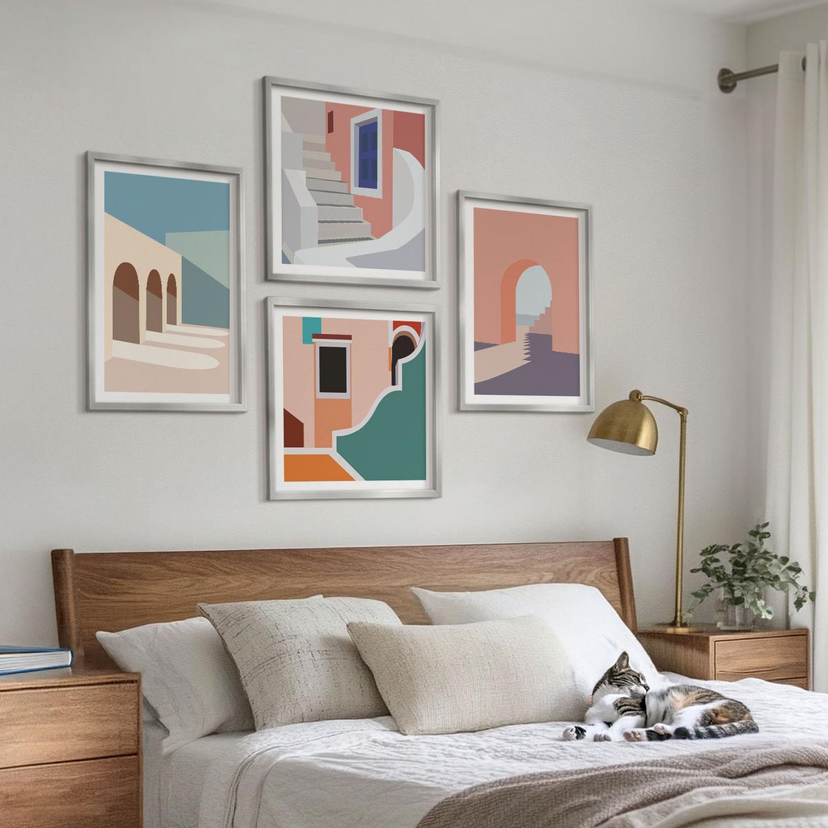 BILDER SET 4er Set - 50x50 cm & 40x60 cm Silberner Rahmen - Minimalistische Pastellgrafiken - Silberfarben, Kunststoff (50/50cm) - TULUP