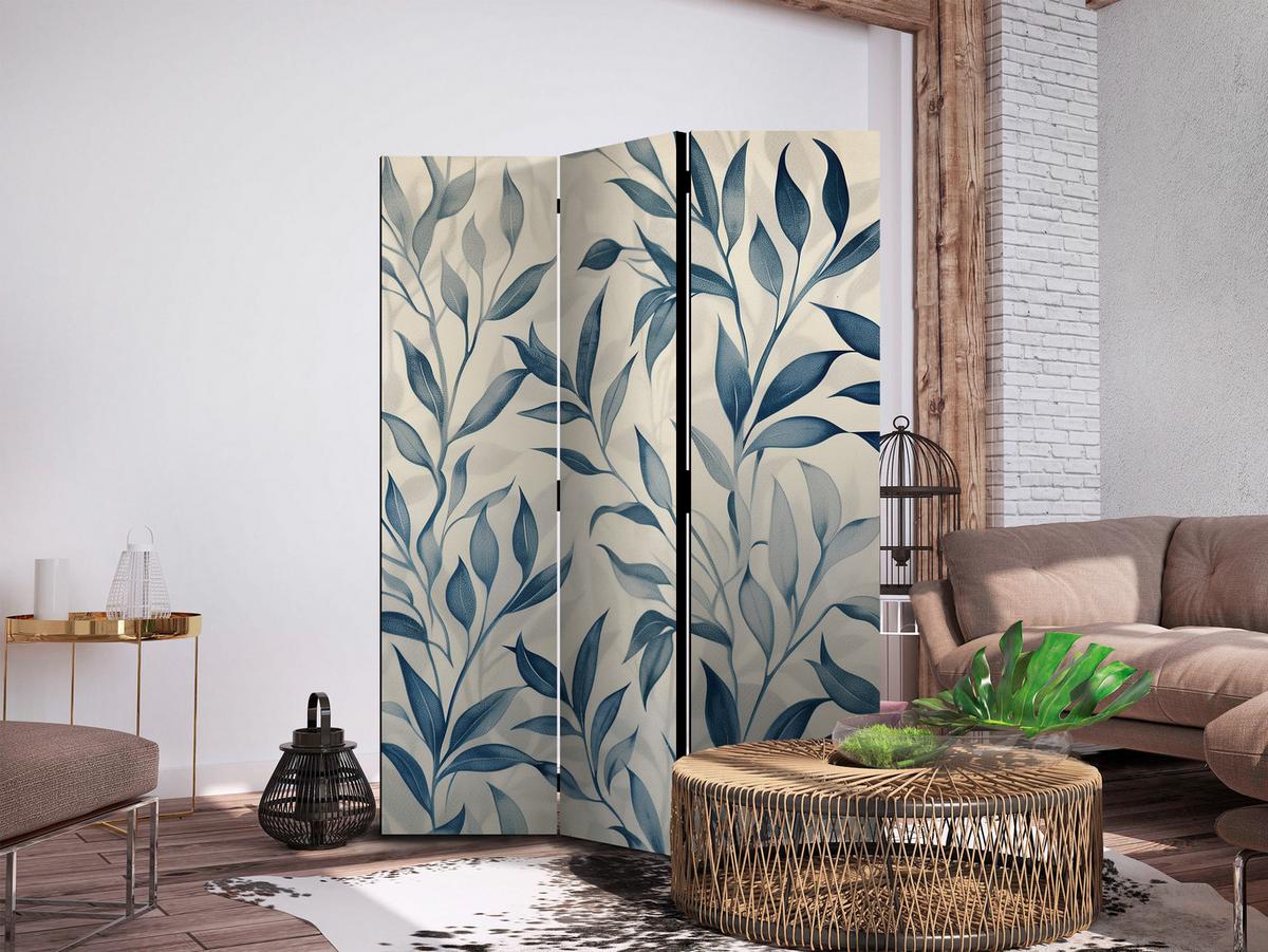 PARAVENT Einseitig Bedruckter 3-tlg 135x172 cm Blaue Bl tter Boho - Blau, Holz/Textil (135/172/3cm) - Muralo
