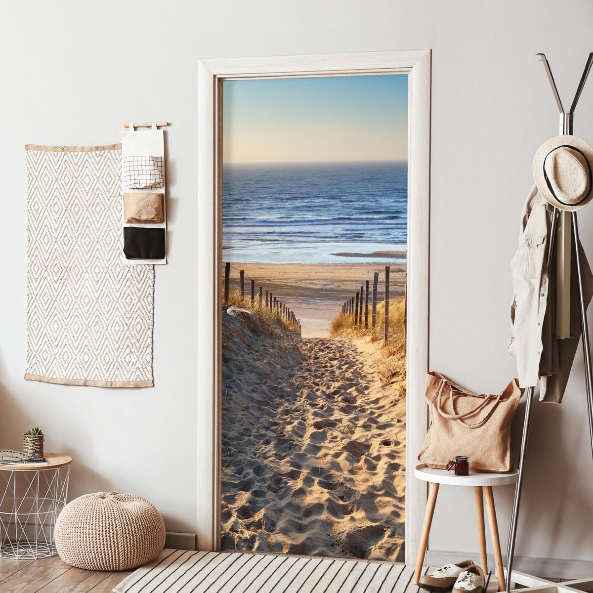 TÜRAUFKLEBER Strand - Meer - Niederlande - Dünen - Sonne Fototapete 75x205 cm - Türtapete - Blau, Kunststoff (75/0.1cm) - MuchoWow