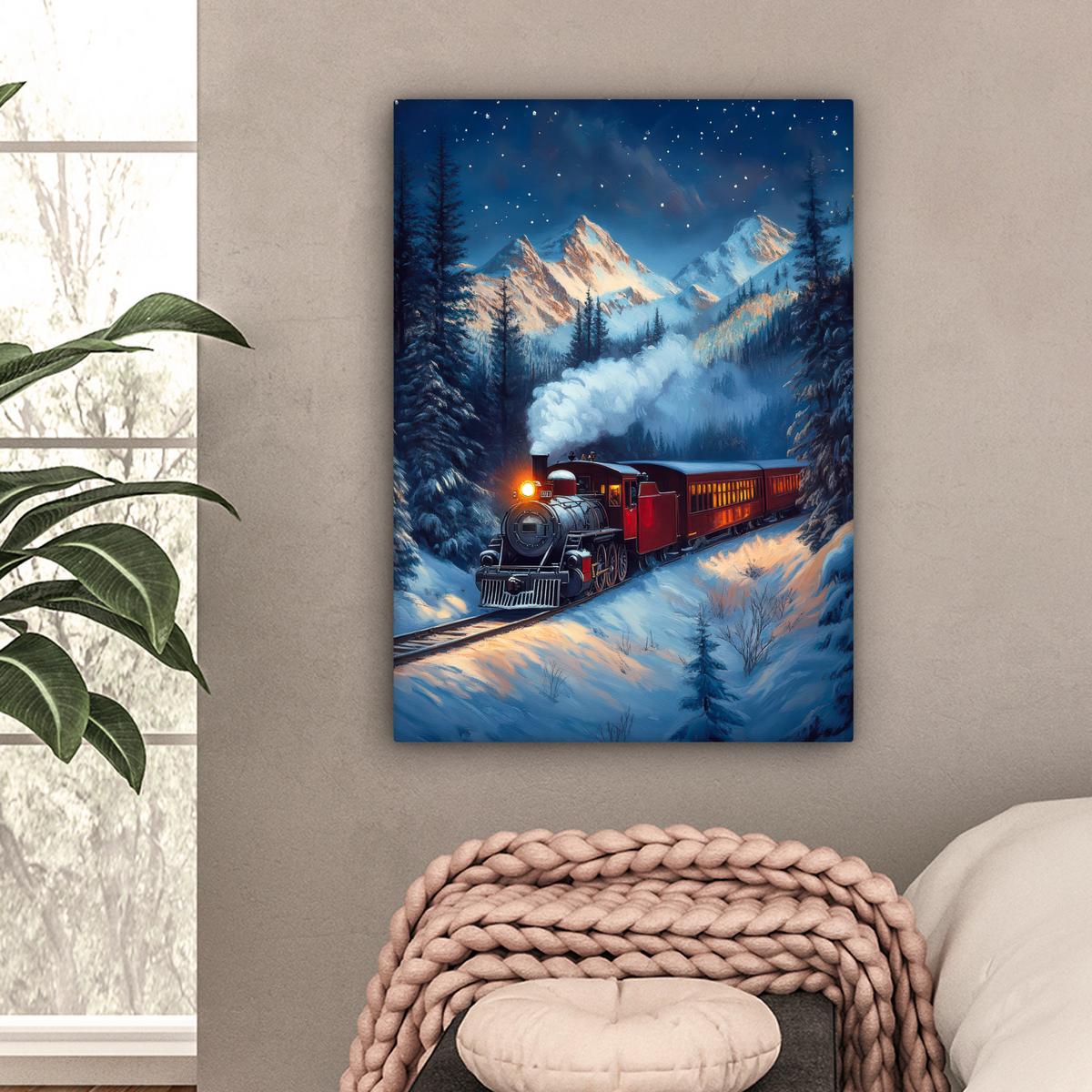 LEINWANDBILD Zug - Weihnachten - Schnee - Weihnachtszug Wandbild Wohnzimmer 60x80 cm - Anthrazit, Textil (60/80cm) - MuchoWow