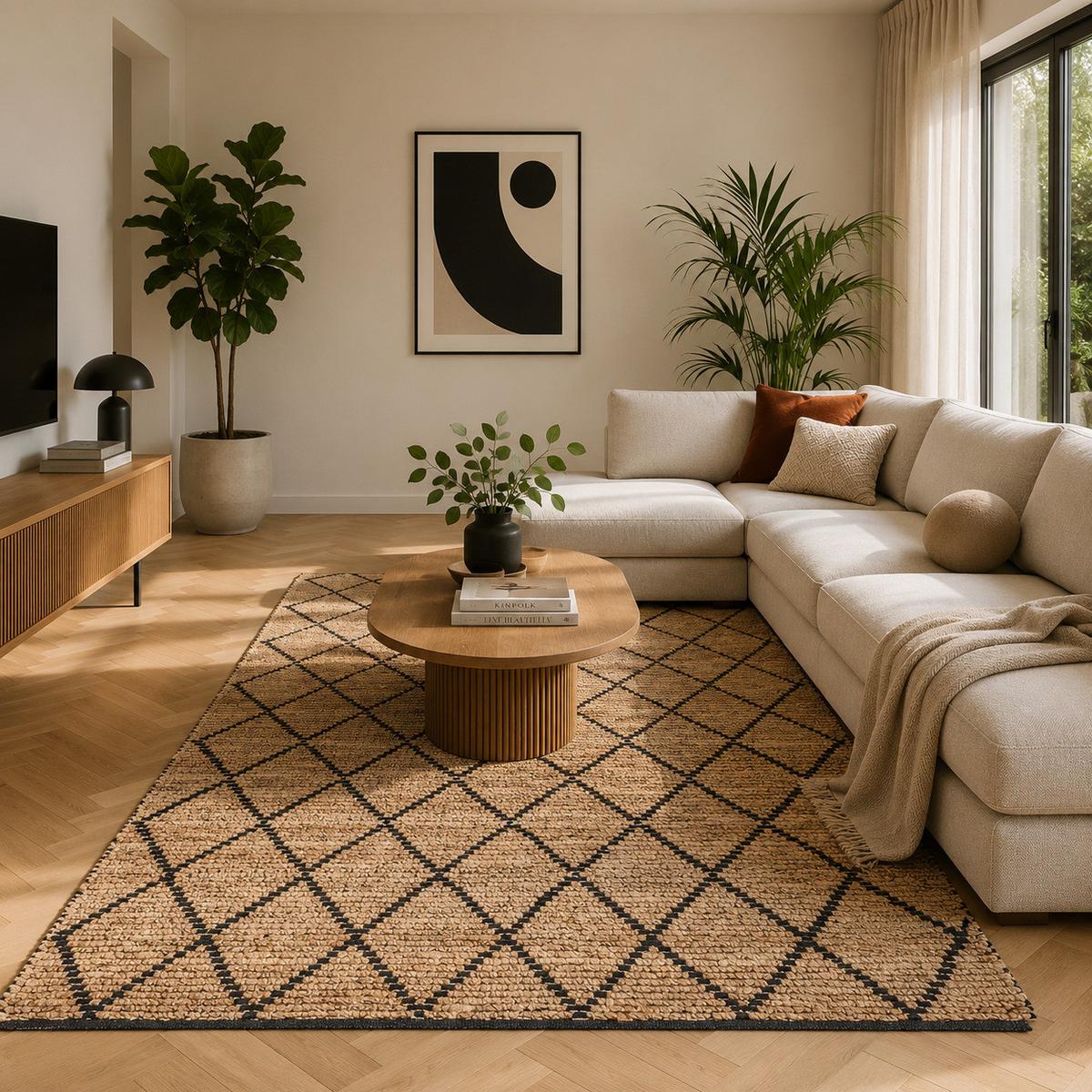 NATURFASER TEPPICH JUTE SALSA RAUTEN - Beige/Schwarz, Textil (120/170cm) - Pergamon