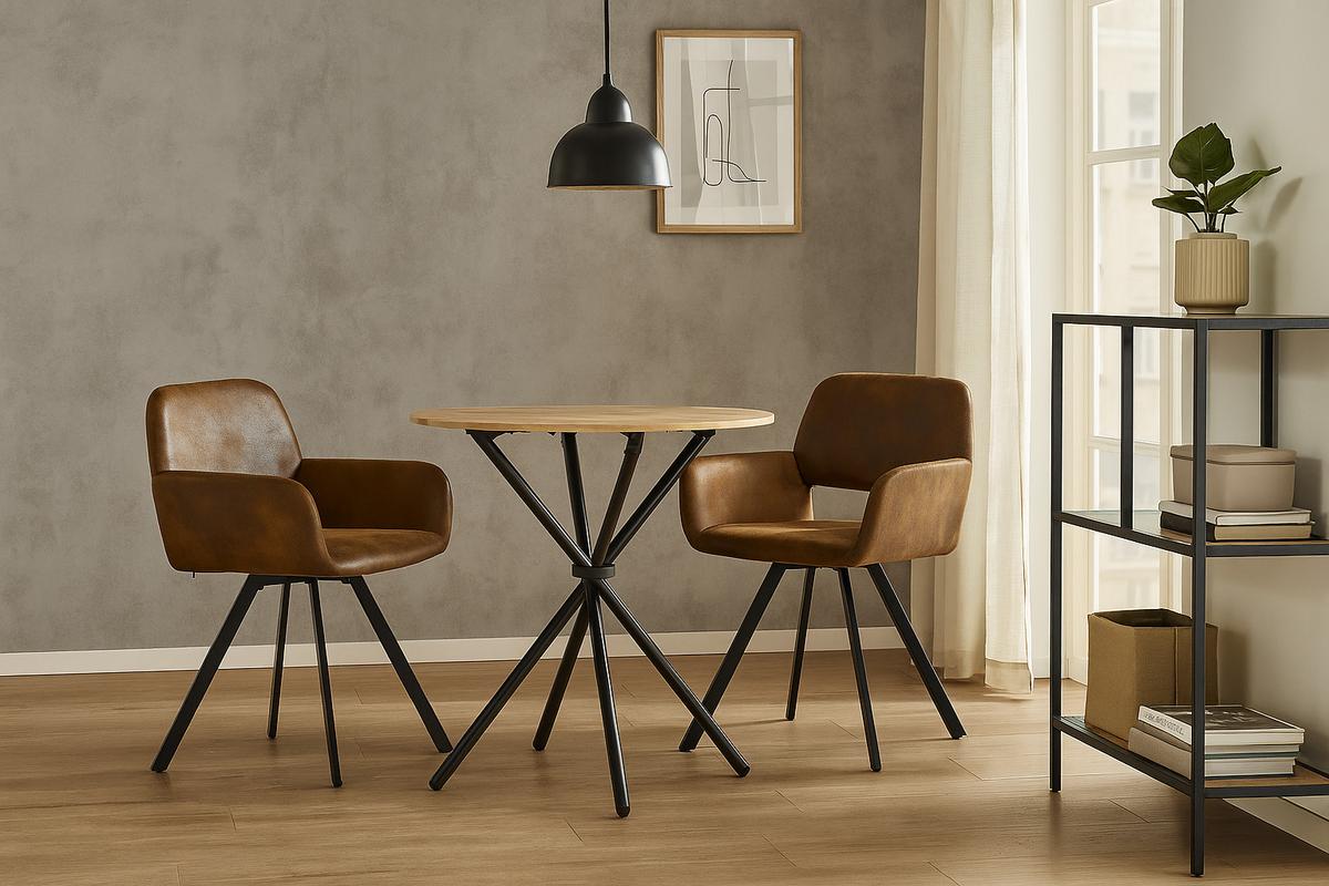 ESSZIMMER SET – 1 Tisch + 2 Stühle – Holzoptik & Wildleder - Braun, Holzwerkstoff/Metall (80/75/80cm) - Urban Meuble