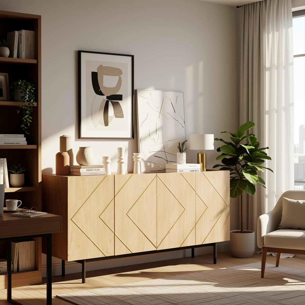 SIDEBOARD 4 Türen, Metall-Inlay, Griffloses Design, Naturholz Vielseitige Kommode & Beistellschrank - Sonoma Eiche, Holzwerkstoff (160/78/40cm) - Urban Meuble