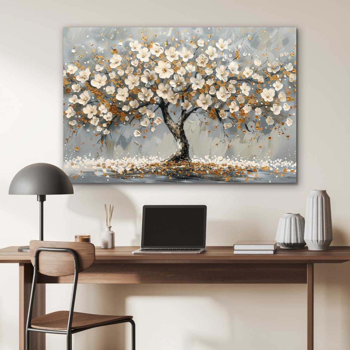 METALLBILD Baum - Blumen - Weiß - Natur - Kunst Deko Groß 120x80 cm - Weiß, Metall (120/80cm) - MuchoWow