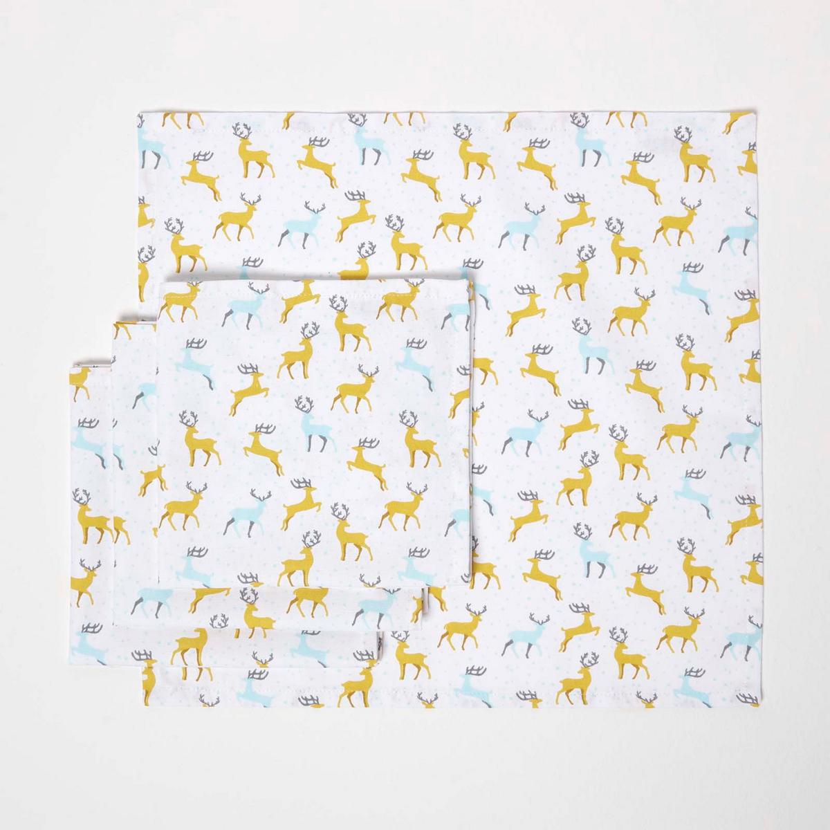 WEIHNACHTSSERVIETTEN Majestätischer Hirsch, 4er-Set grau-gelbe Stoffservietten 45/45 cm - Gelb, Textil (45/45cm) - Homescapes
