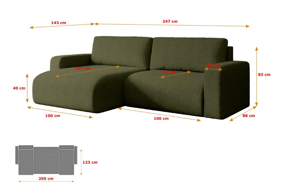 ECKSOFA mit Schlaffunktion und Bettkasten KLEEA-L - 247x143x83 cm Grün Bouclé - Schwarz/Grün, Holzwerkstoff/Kunststoff (247/143cm) - ALTDECOR