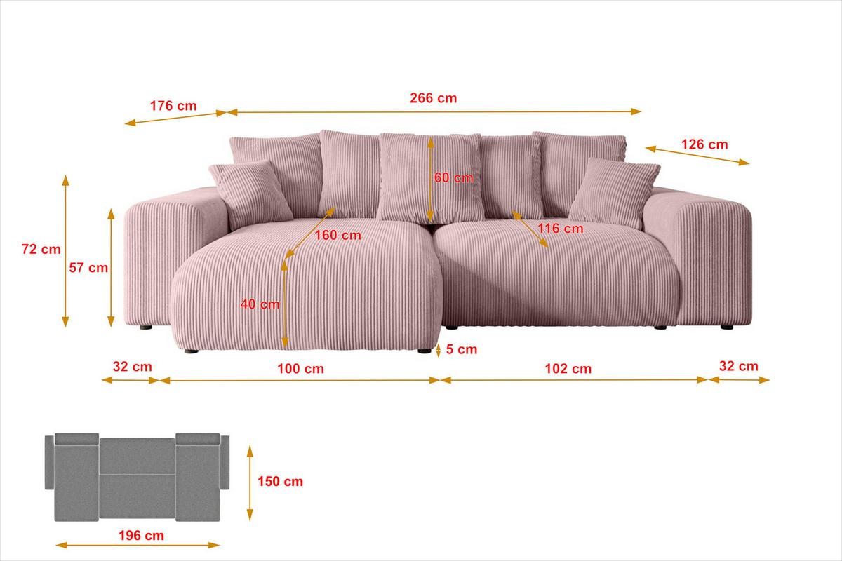 ECKSOFA Ottomane rechts ESKAR-L 266x176x72 Rosa Cord - Schwarz/Rosa, Holzwerkstoff/Kunststoff (176/266cm) - ALTDECOR