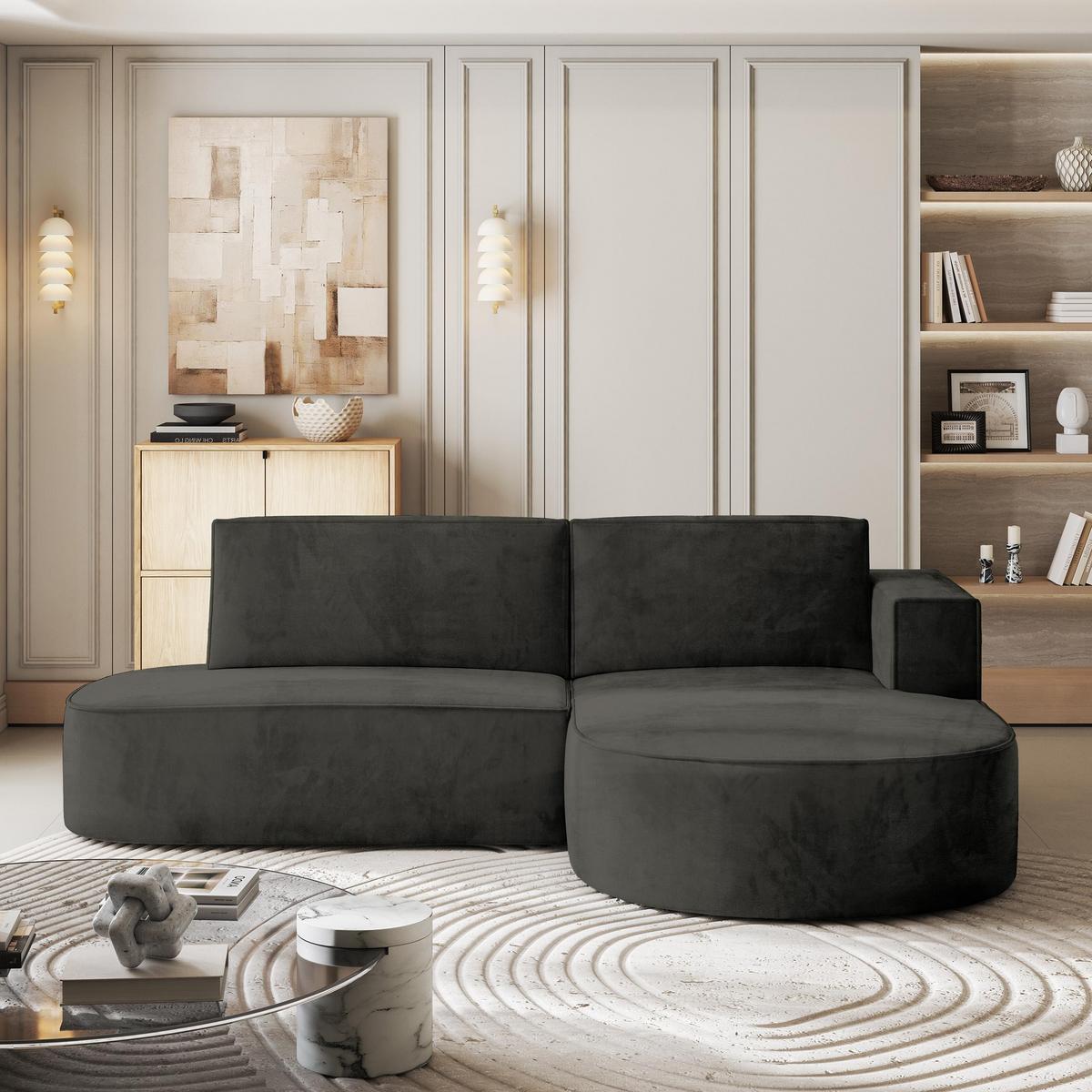 ECKSOFA CORTIO M R-S Schwarz Velours-Stoff mit Schlaffunktion - Schwarz/Grau, Holz/Kunststoff (265/174cm) - MASSENO