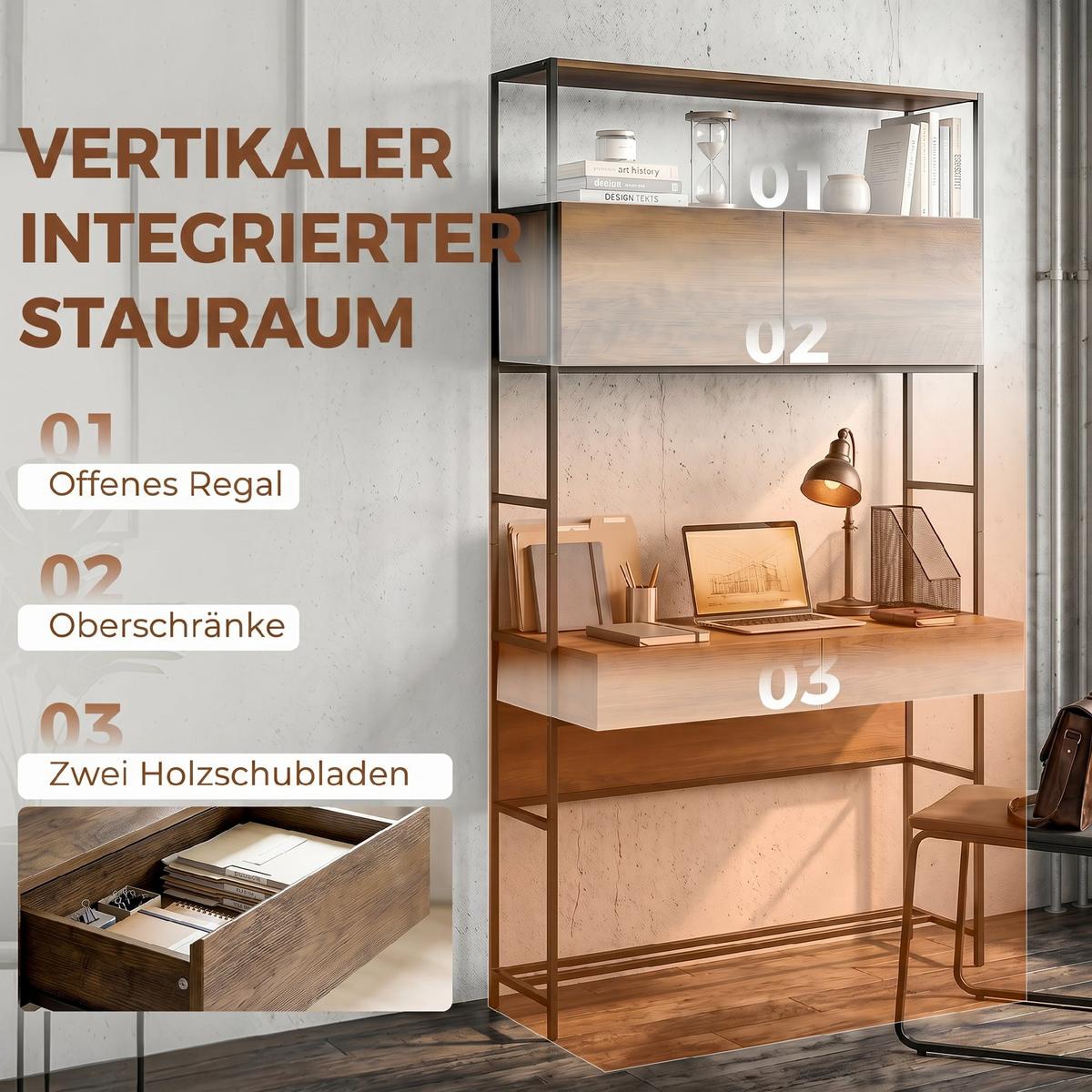 COMPUTERTISCH Spanplatte Braun - Schwarz/Braun, Holzwerkstoff/Metall (100/45/185cm) - HOMCOM