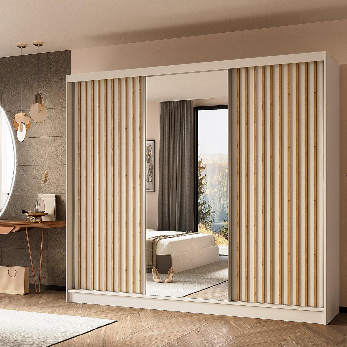 SCHWEBETÜRENSCHRANK LAMELLO 240/216/61 cm 3-türig mit Spiegel Weiß - Weiß, Holzwerkstoff (240/216/61cm) - MASSENO