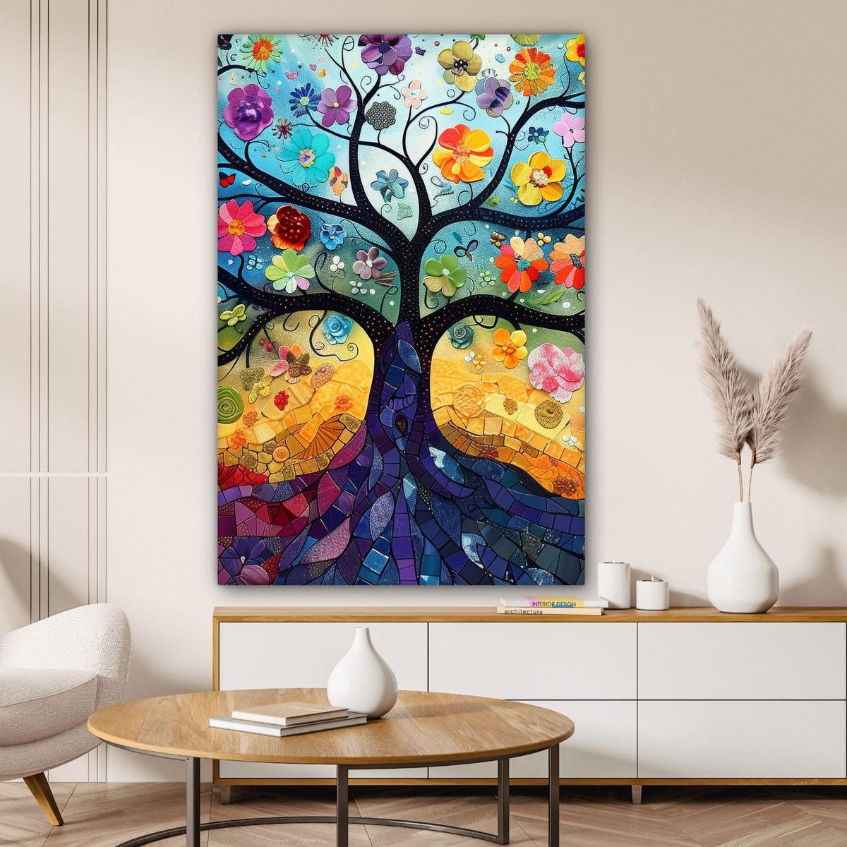 LEINWANDBILD Kunst - Baum des Lebens - Blumen - Hippie Deko Groß 90x140 cm - Dunkelblau, Textil (90/140cm) - MuchoWow