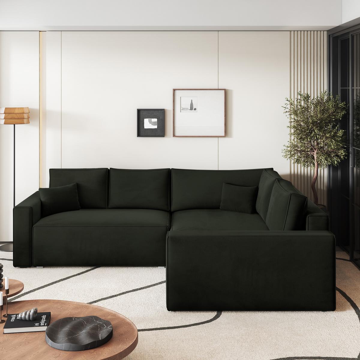 ECKSOFA ERONIS R-S Schwarz Velours-Stoff mit Schlaffunktion - Schwarz, Holz (265/194cm) - MASSENO