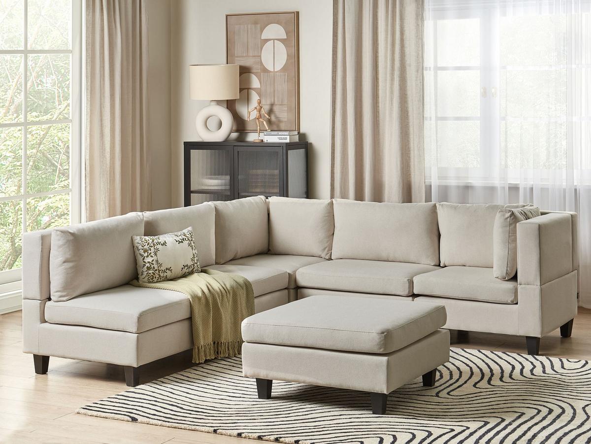 ECKFSOFA Modul 5-Sitzer linksseitig Hellbeige Stoff mit Ottomane Unstad - Beige/Schwarz, Textil (228/228cm) - Beliani