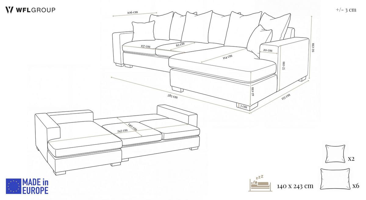 ECKSOFA Dahlia mit Schlaffunktion und Bettkasten in L-Form Links - Anthrazit Chenille 285/92/155 cm - Anthrazit/Schwarz, Kunststoff/Textil (285/155cm) - WFL GROUP