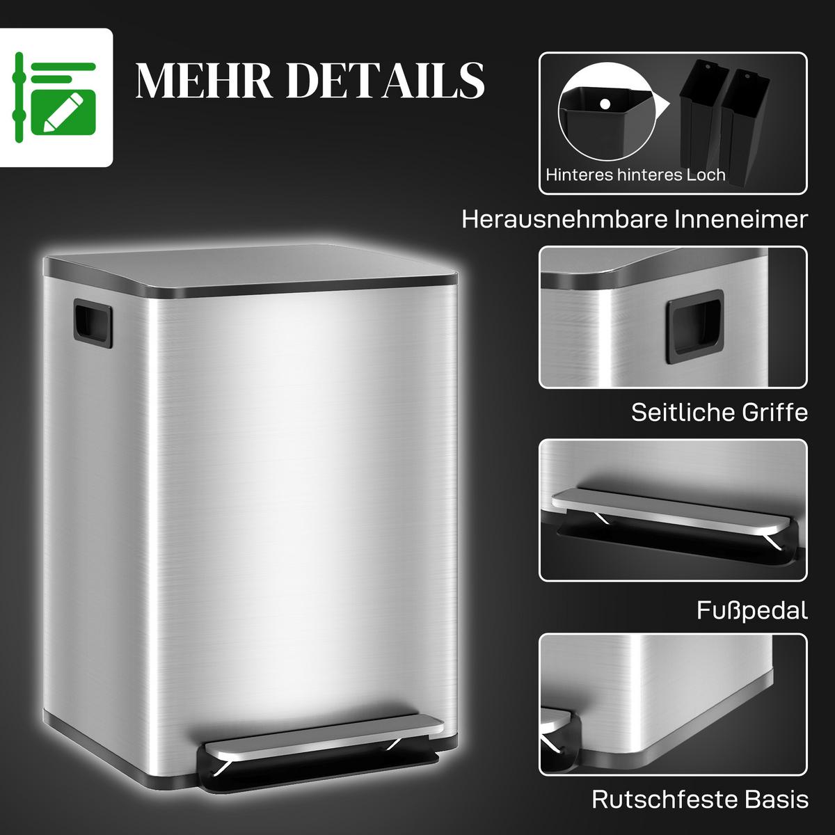 MÜLLEIMER Edelstahl Silber - Silberfarben, Metall (36.7/58/41.8cm) - HOMCOM