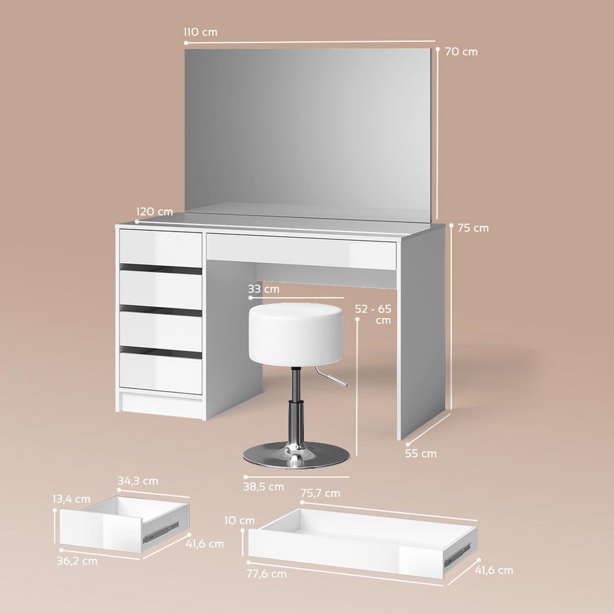 SCHMINKTISCH-SET Imola Weiß 120 cm mit Hocker - Weiß, Holzwerkstoff (120/75/55cm) - Livinity®