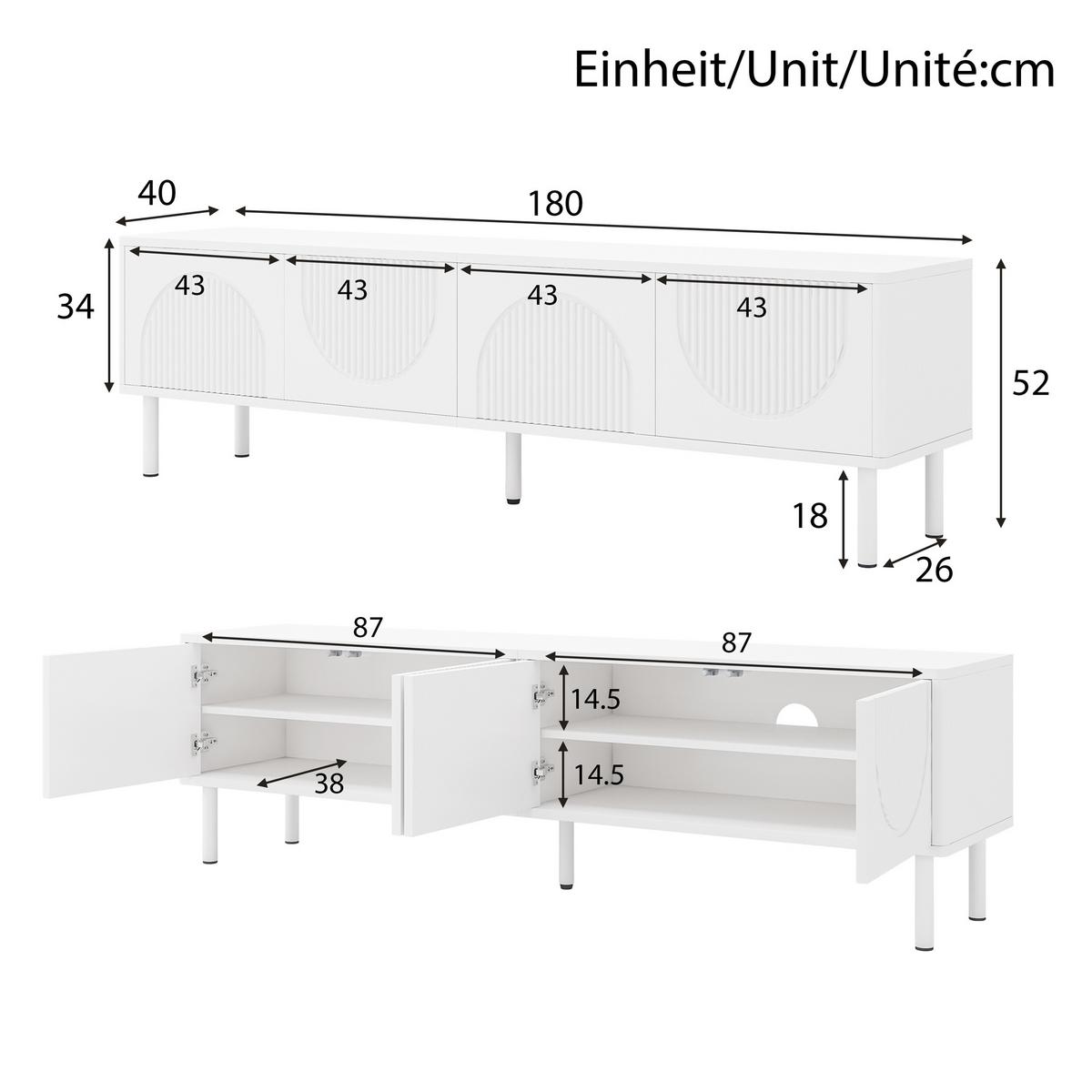 TV-LOWBOARD in Mattweiß mit 3D-Relief, mit 4 Fächern und Kabelmanagement - Weiß, Holzwerkstoff (180/52/40cm) - Urban Meuble