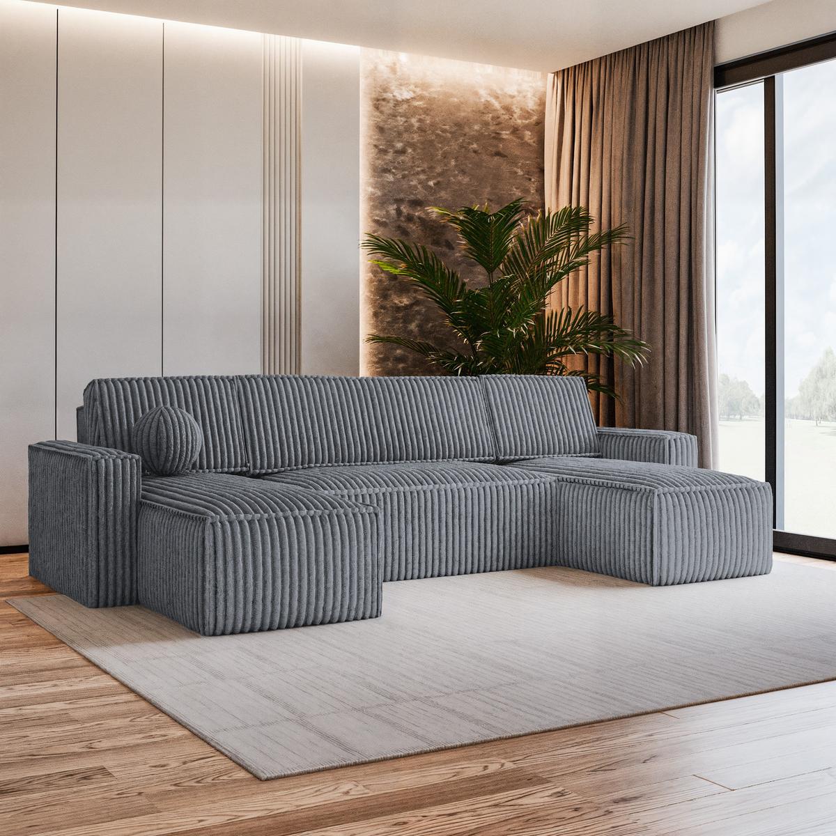 WOHNLANDSCHAFT PESANO T Grau Kordstoff mit Schlaffunktion - Grau, Holz/Kunststoff (306/85/140cm) - MASSENO