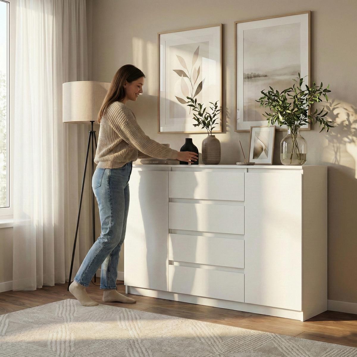 KOMMODE Lemon, mit 2 Türen und 4 Schubladen, 140 cm, Weiß matt - Weiß, Holzwerkstoff (140/101/39cm) - Beautysofa