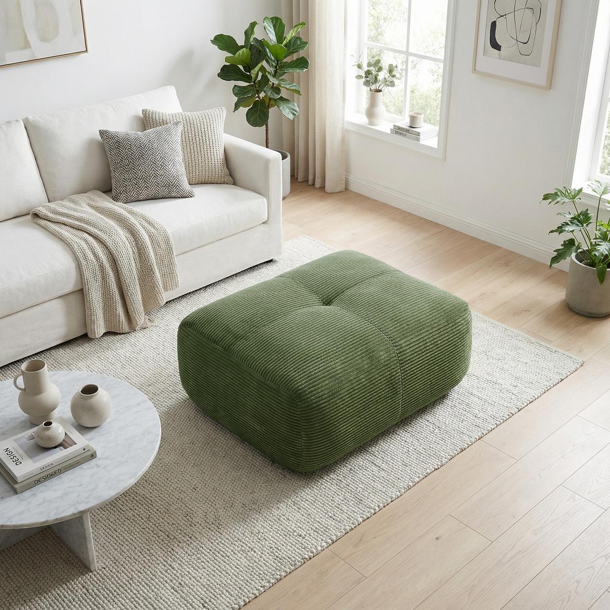 HOCKER OTTOMAN in Premium-Cord Montagefrei & Rutschfest - Grün, Textil (92/44/75cm) - Urban Meuble