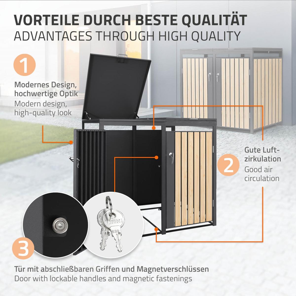 MÜLLTONNENBOX 3er Anthrazit-Holzoptik - Naturfarben, Metall (200/120/80cm) - ML-DESIGN