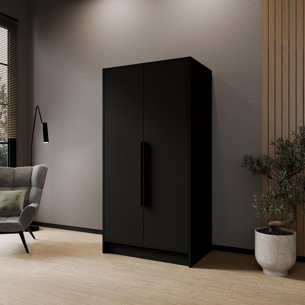 DREHTÜRENSCHRANK Pavia ohne Spiegel, Schwarz mit mit schwarzen Griffen, 100 cm - Schwarz, Holzwerkstoff (100/200/51cm) - Beautysofa