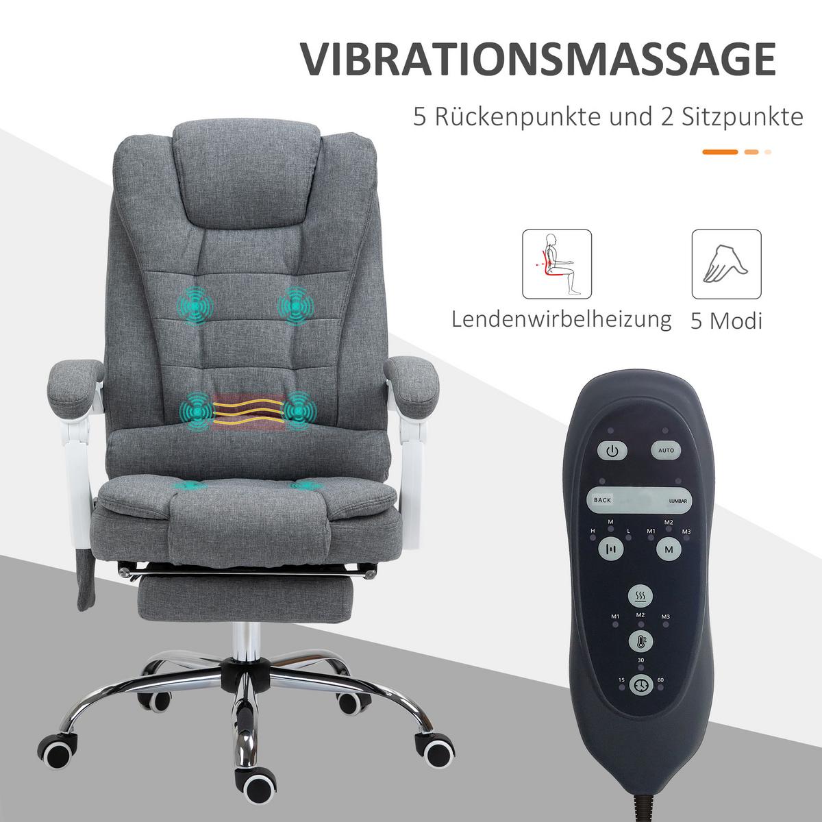 CHEFSESSEL mit Massagefunktion, Ergonomischer Schreibtischstuhl mit Liegefunktion - Silberfarben/Grau, Kunststoff/Textil (70/119/65cm) - Vinsetto