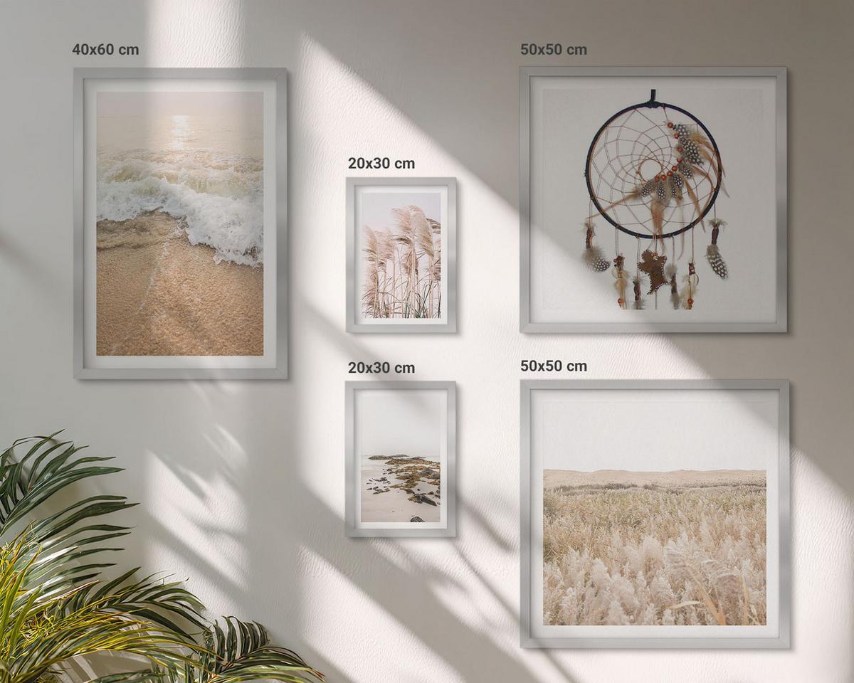 BILDER SET 5er Set - 50x50 cm & 20x30 cm & 40x60 cm Silberner Rahmen - Strandgras, Wellen, Steine, Boho-Stil - Silberfarben, Kunststoff (40/60cm) - TULUP
