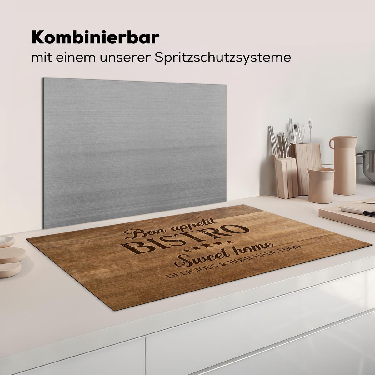 HERDABDECKPLATTE Zitat - Bistro - Guten Appetit - Süßes Zuhause - Holzmaserung Induktionsschutz 91.6x52.7 cm - Braun, Kunststoff (91.6/52.7/0.2cm) - MuchoWow